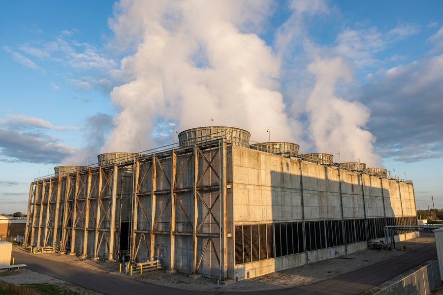 Large industrial cooling tower with steam rising