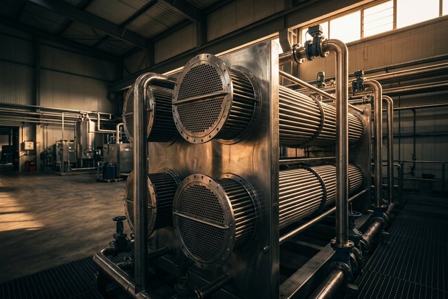 Industrial heat exchanger with stainless steel tube bundles