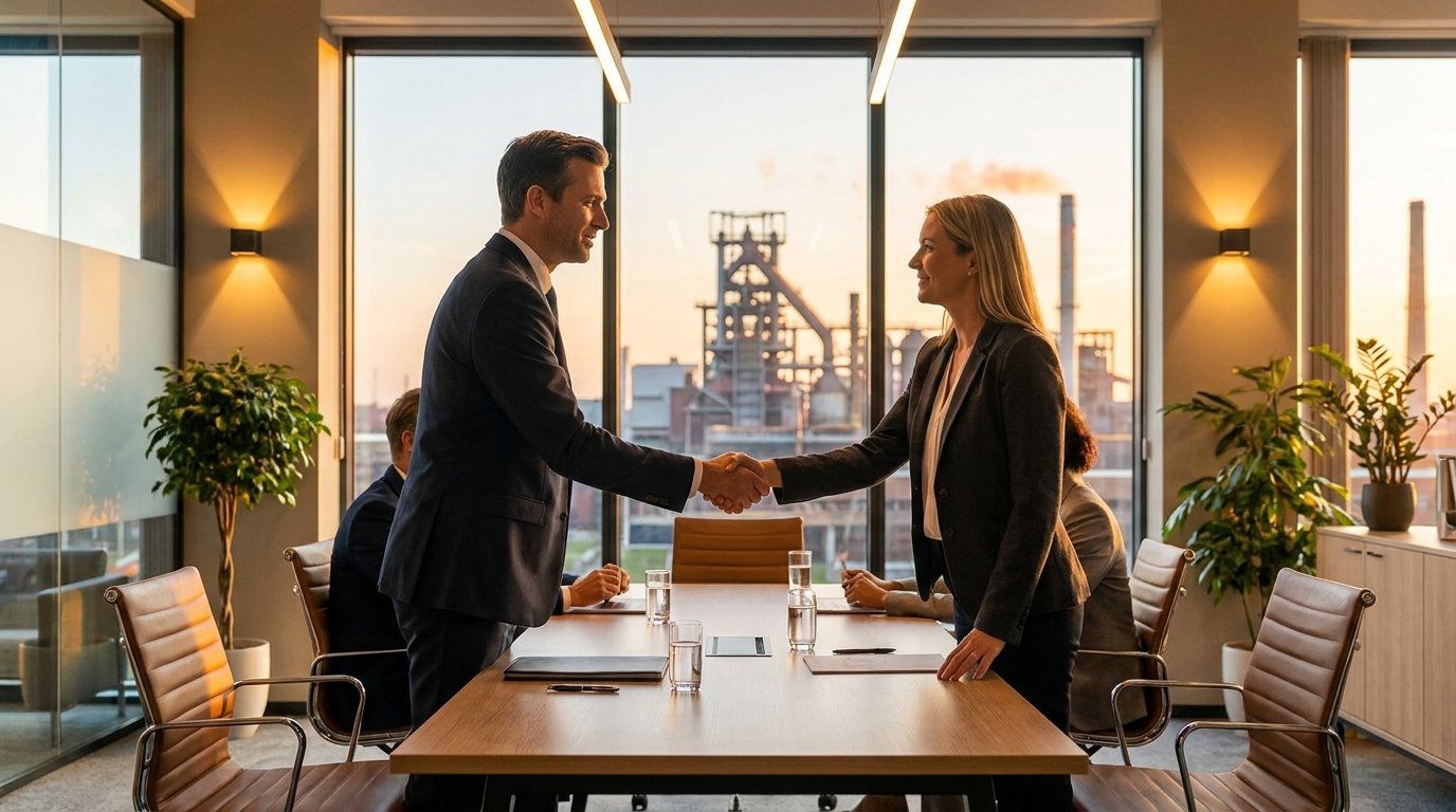 Business professionals in a partnership agreement with industrial facility in background