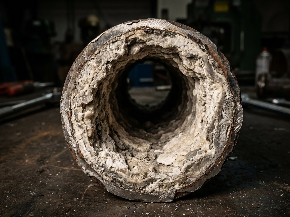 Cross-section of industrial pipe showing thick scale deposits narrowing the interior bore