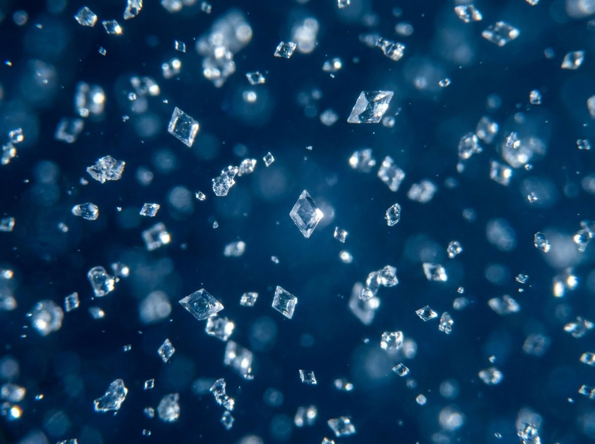 Microscopic mineral crystals suspended in water, floating freely without adhering to surfaces